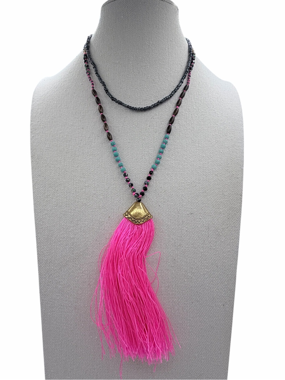 Bohemian-Style Vibrant Pink Thread Tassel Turquoise Color Beads Woman’s Necklace